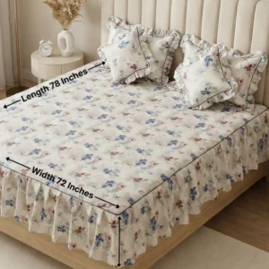 frill bedsheet king size 72×78 | 100% cotton frilled bedsheet set with pillow covers & filled cushions – vintage blossom